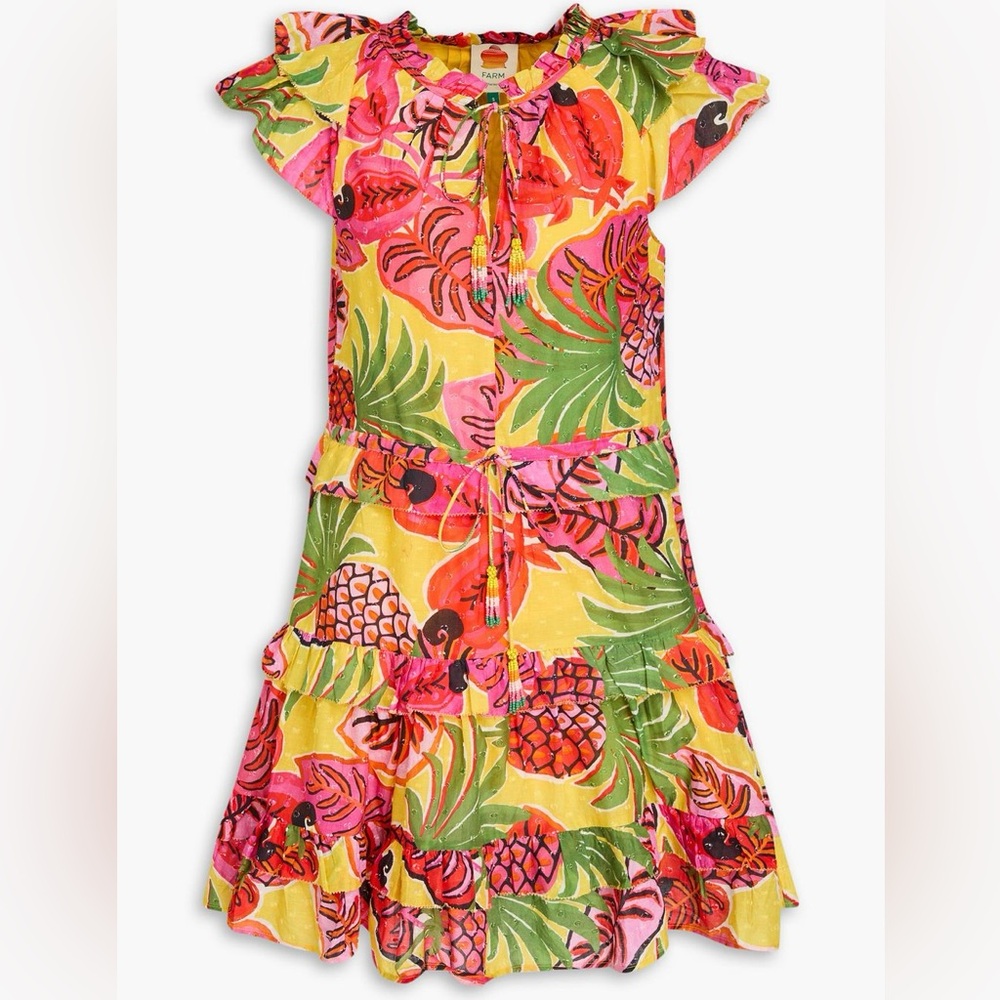 Farm Rio Tropical Printed Mini Dot Dress Ruffle Sleeves and Beaded Ties S Small
